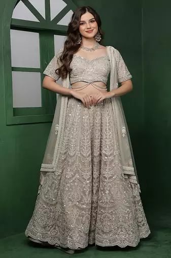 light beige heavy embroidered net lehenga set with blouse and dupatta