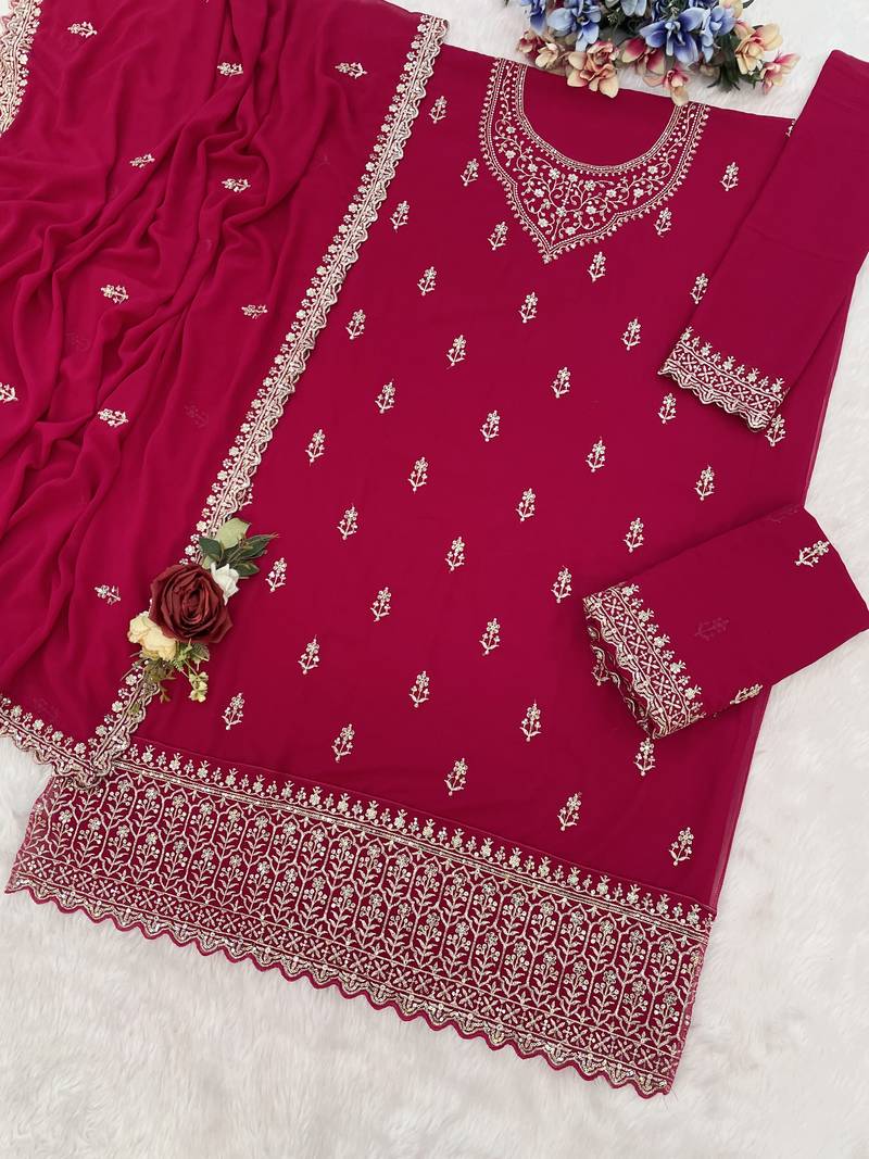 Red embroidered georgette pakistani salwar suit