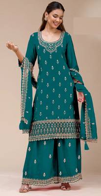 Teal embroidered georgette salwar suit 1