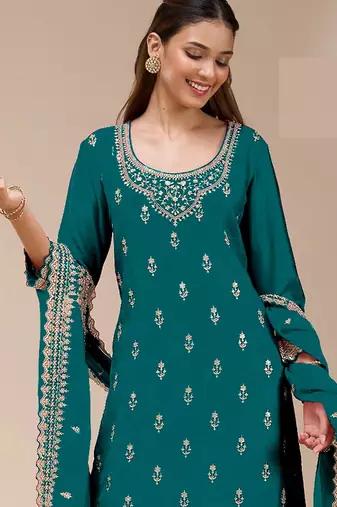Teal embroidered georgette salwar suit