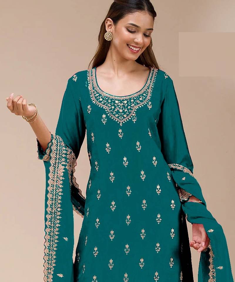 Teal embroidered georgette pakistani salwar suit