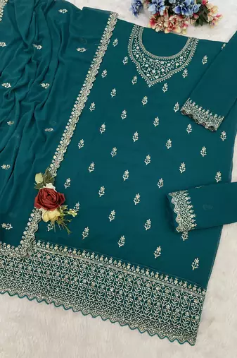 Teal embroidered georgette salwar suit