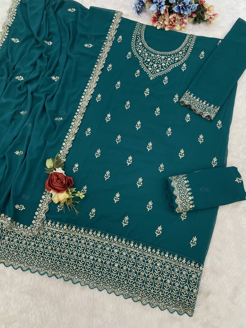 Teal embroidered georgette pakistani salwar suit
