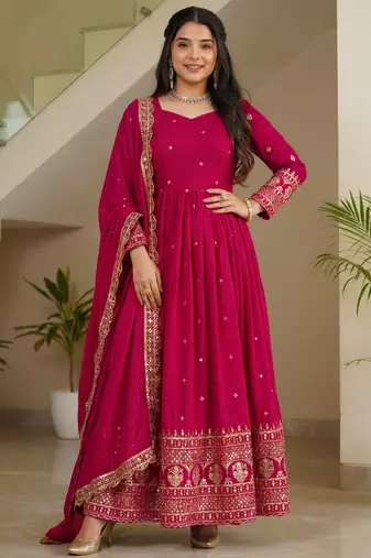 Delightful Pink Zari Embroidered Silk Wedding Wear Gown With Dupatta
