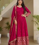 Delightful Pink Zari Embroidered Silk Wedding Wear Gown With Dupatta