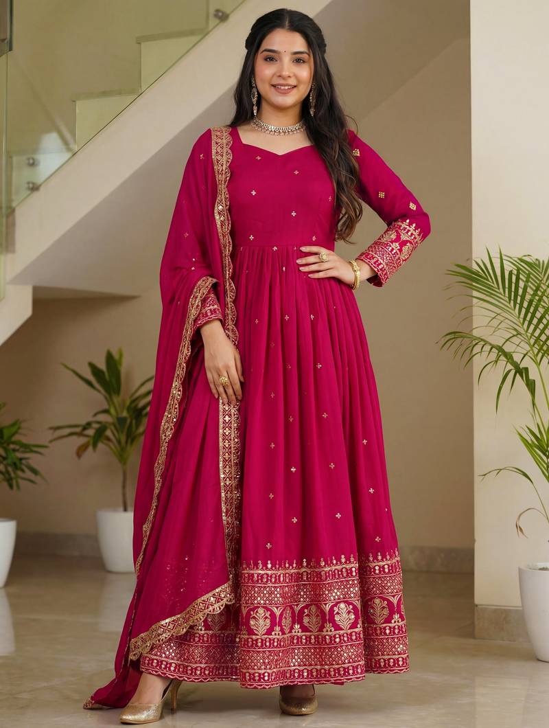 Delightful Pink Zari Embroidered Silk Wedding Wear Gown With Dupatta