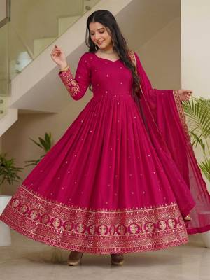 Delightful Pink Zari Embroidered Silk Wedding Wear Gown With Dupatta 2
