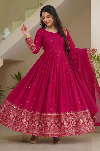 Delightful Pink Zari Embroidered Silk Wedding Wear Gown With Dupatta