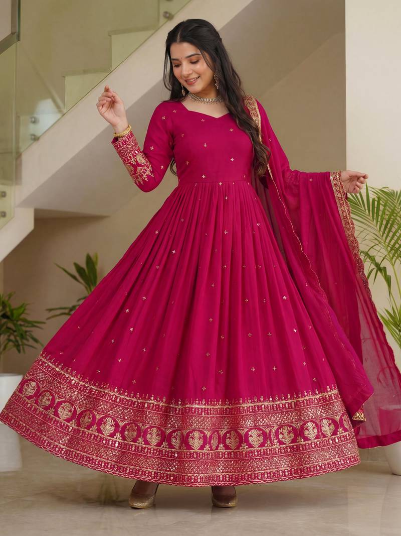 Delightful Pink Zari Embroidered Silk Wedding Wear Gown With Dupatta
