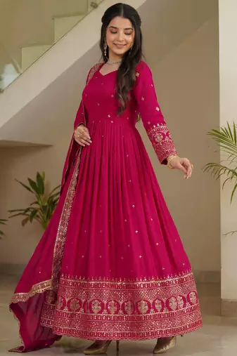 Delightful Pink Zari Embroidered Silk Wedding Wear Gown With Dupatta