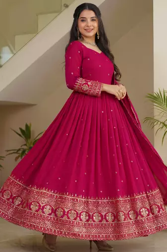 Delightful Pink Zari Embroidered Silk Wedding Wear Gown With Dupatta