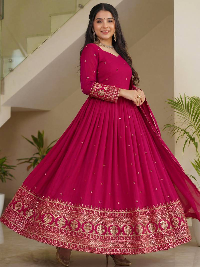 Delightful Pink Zari Embroidered Silk Wedding Wear Gown With Dupatta