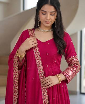 Delightful Pink Zari Embroidered Silk Wedding Wear Gown With Dupatta 5