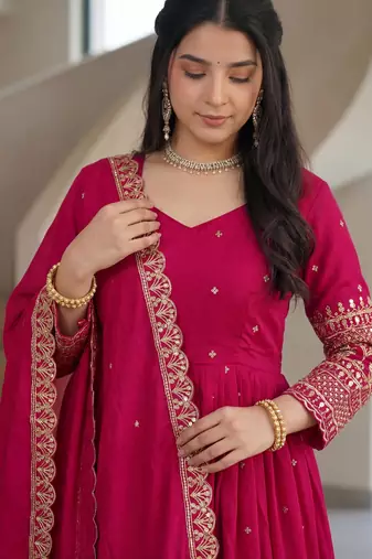 Delightful Pink Zari Embroidered Silk Wedding Wear Gown With Dupatta