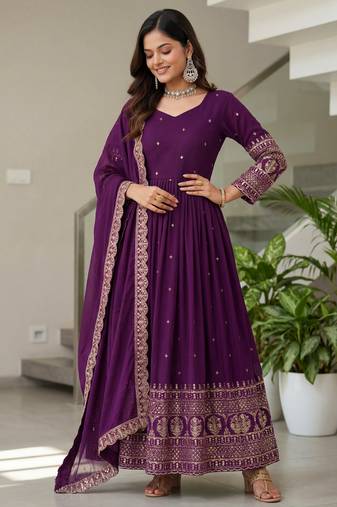 Wonderful Purple Embroidered Silk Engagement Wear Gown With Dupatta