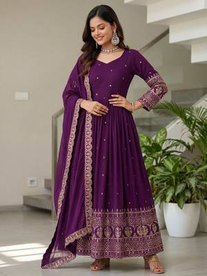 Wonderful Purple Embroidered Silk Engagement Wear Gown With Dupatta 1