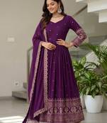 Wonderful Purple Embroidered Silk Engagement Wear Gown With Dupatta
