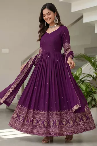 Wonderful Purple Embroidered Silk Engagement Wear Gown With Dupatta