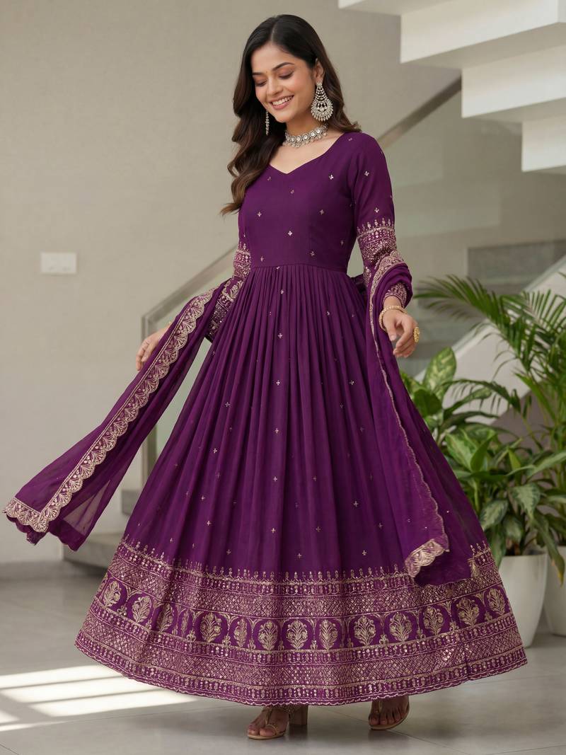 Wonderful Purple Embroidered Silk Engagement Wear Gown With Dupatta