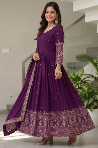 Wonderful Purple Embroidered Silk Engagement Wear Gown With Dupatta