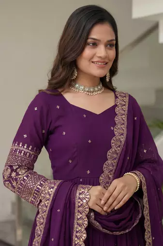 Wonderful Purple Embroidered Silk Engagement Wear Gown With Dupatta