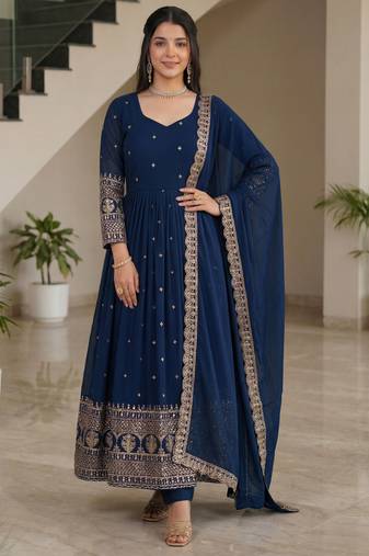 Glamorous Navy Blue Sequin Embroidered Silk Traditional Gown With Dupatta