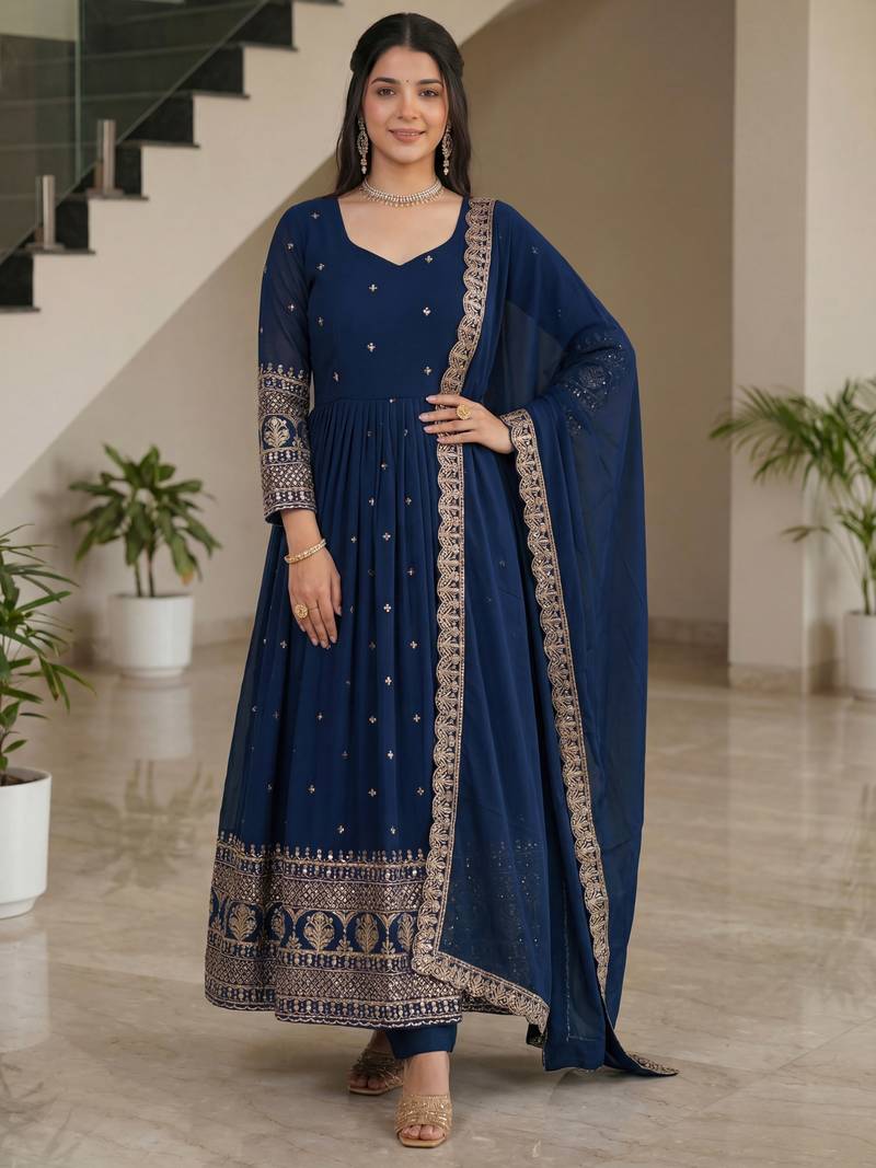 Glamorous Navy Blue Sequin Embroidered Silk Traditional Gown With Dupatta