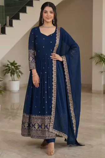 Glamorous Navy Blue Sequin Embroidered Silk Traditional Gown With Dupatta