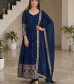 Glamorous Navy Blue Sequin Embroidered Silk Traditional Gown With Dupatta