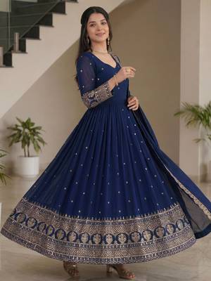 Glamorous Navy Blue Sequin Embroidered Silk Traditional Gown With Dupatta 2