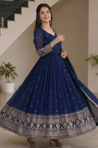Glamorous Navy Blue Sequin Embroidered Silk Traditional Gown With Dupatta