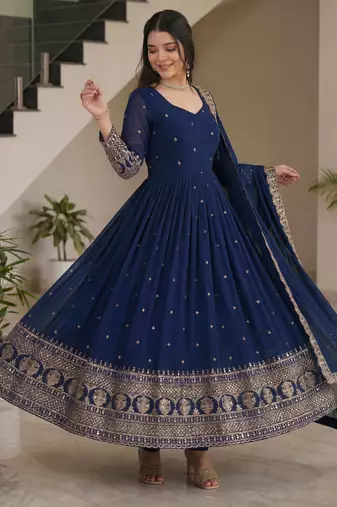 Glamorous Navy Blue Sequin Embroidered Silk Traditional Gown With Dupatta