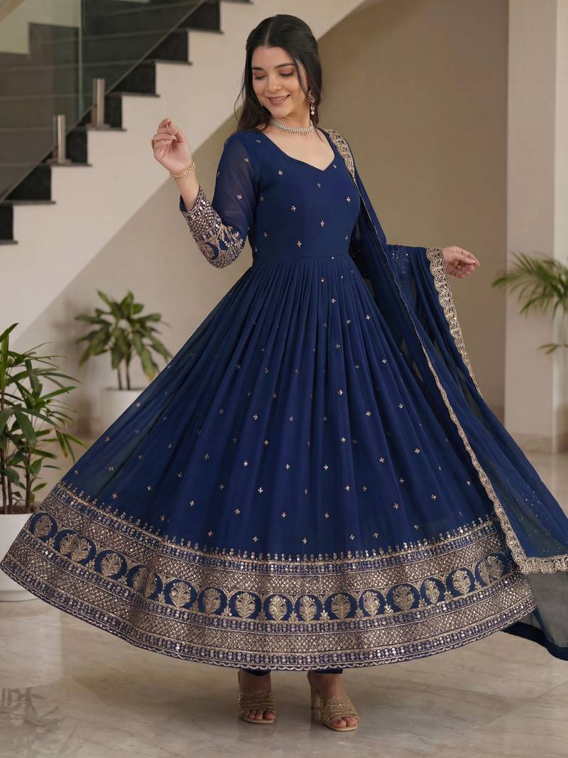 Glamorous Navy Blue Sequin Embroidered Silk Traditional Gown With Dupatta