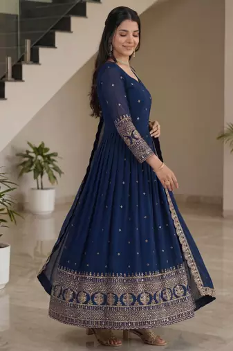 Glamorous Navy Blue Sequin Embroidered Silk Traditional Gown With Dupatta
