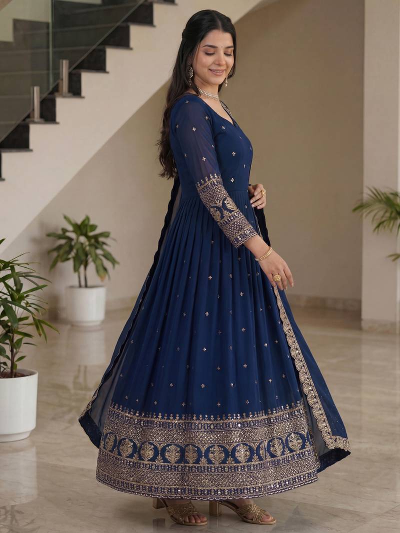 Glamorous Navy Blue Sequin Embroidered Silk Traditional Gown With Dupatta