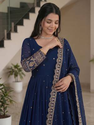 Glamorous Navy Blue Sequin Embroidered Silk Traditional Gown With Dupatta 5