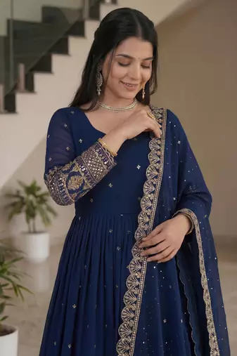 Glamorous Navy Blue Sequin Embroidered Silk Traditional Gown With Dupatta