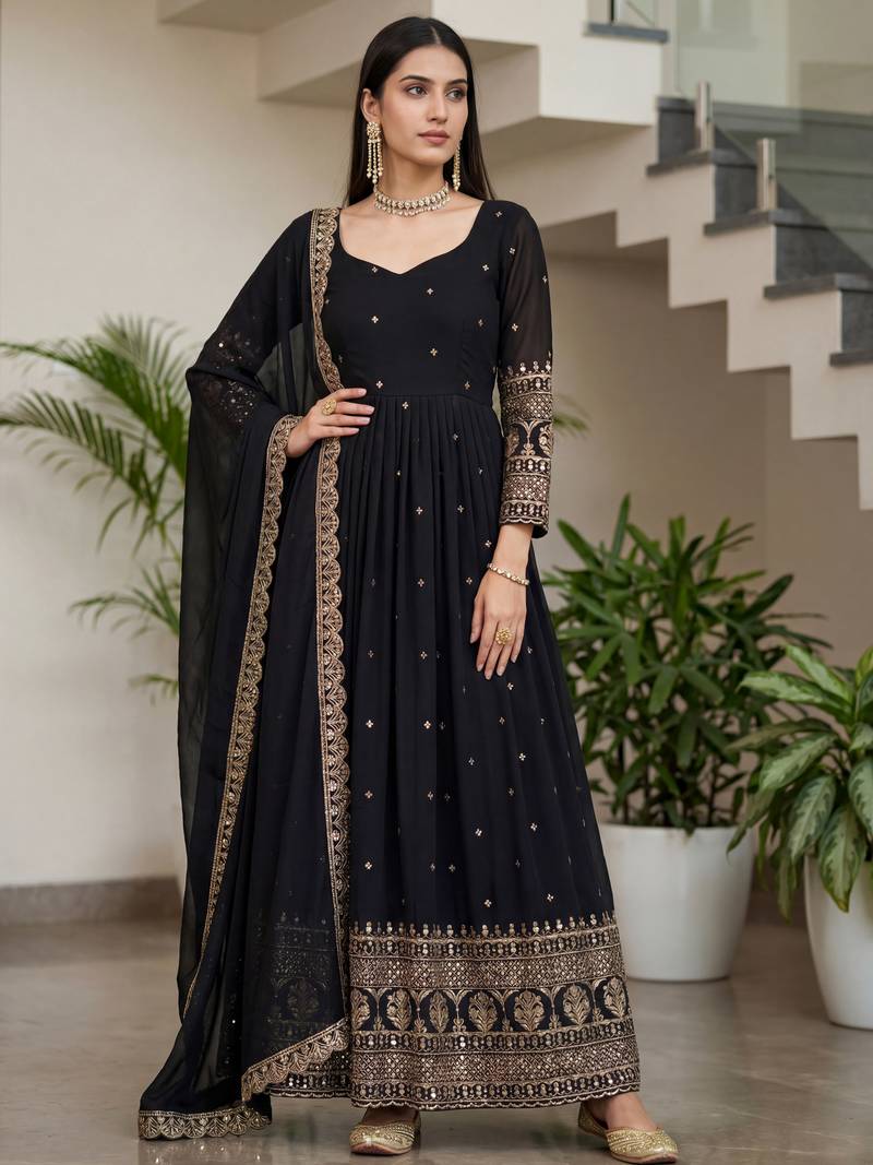 Stylish Black Zari Embroidered Silk Reception Wear Gown With Dupatta