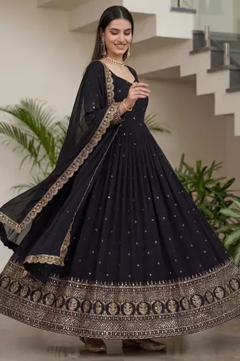 Stylish Black Zari Embroidered Silk Reception Wear Gown With Dupatta