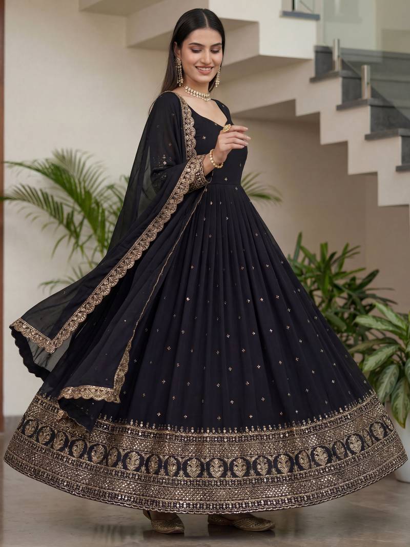 Stylish Black Zari Embroidered Silk Reception Wear Gown With Dupatta