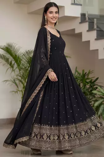 Stylish Black Zari Embroidered Silk Reception Wear Gown With Dupatta