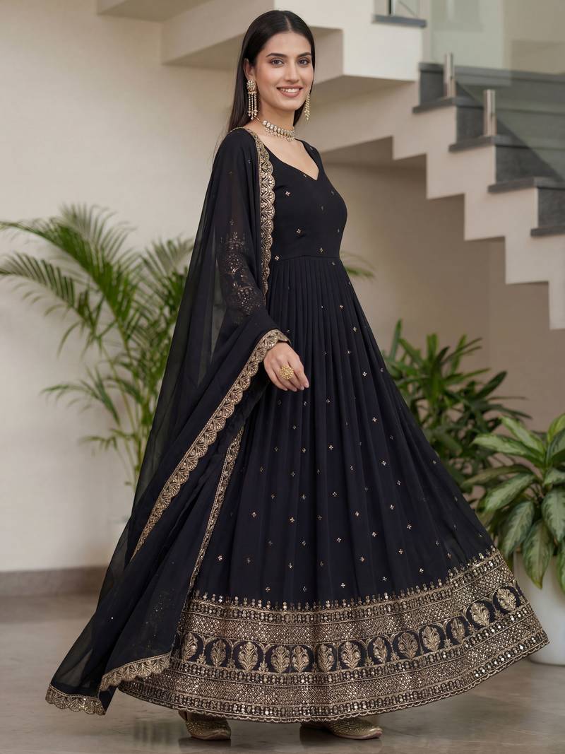 Stylish Black Zari Embroidered Silk Reception Wear Gown With Dupatta