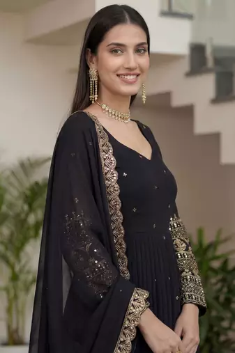 Stylish Black Zari Embroidered Silk Reception Wear Gown With Dupatta