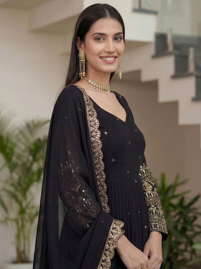 Stylish Black Zari Embroidered Silk Reception Wear Gown With Dupatta