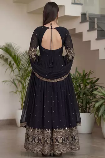 Stylish Black Zari Embroidered Silk Reception Wear Gown With Dupatta