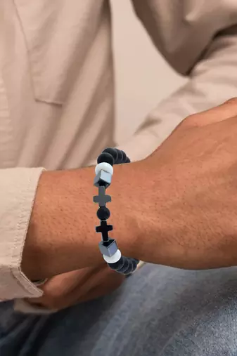 Black wooden white onyx christian cross bracelet