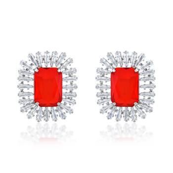 Brass silver red and white cz oct shape earrings 1