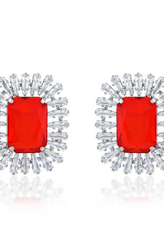 Brass silver red and white cz oct shape earrings