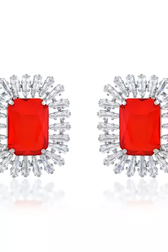 Brass silver red and white cz oct shape earrings