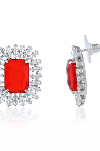 Brass silver red and white cz oct shape earrings